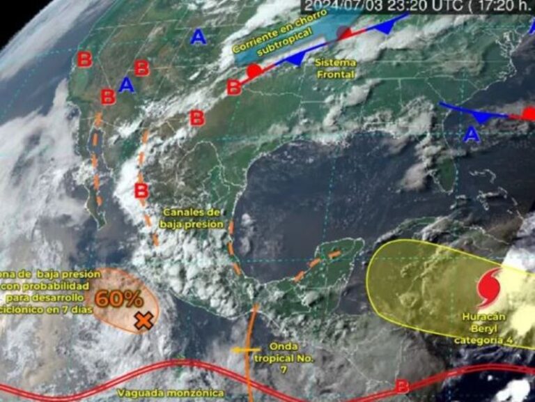 Clima México hoy 4 de julio de 2024: ‘Beryl’ y zona de baja presión provocarán lluvias fuertes